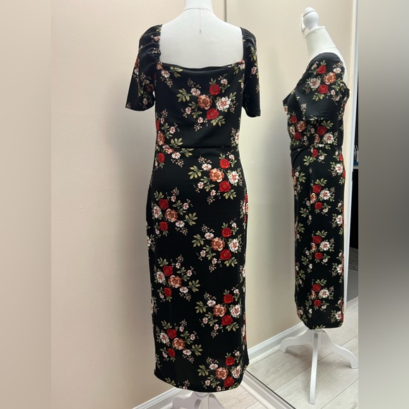 EUC SHEIN Midi Dress- Black w/ Red floral,  stretch,square neck,front slit Large - Picture 5 of 8